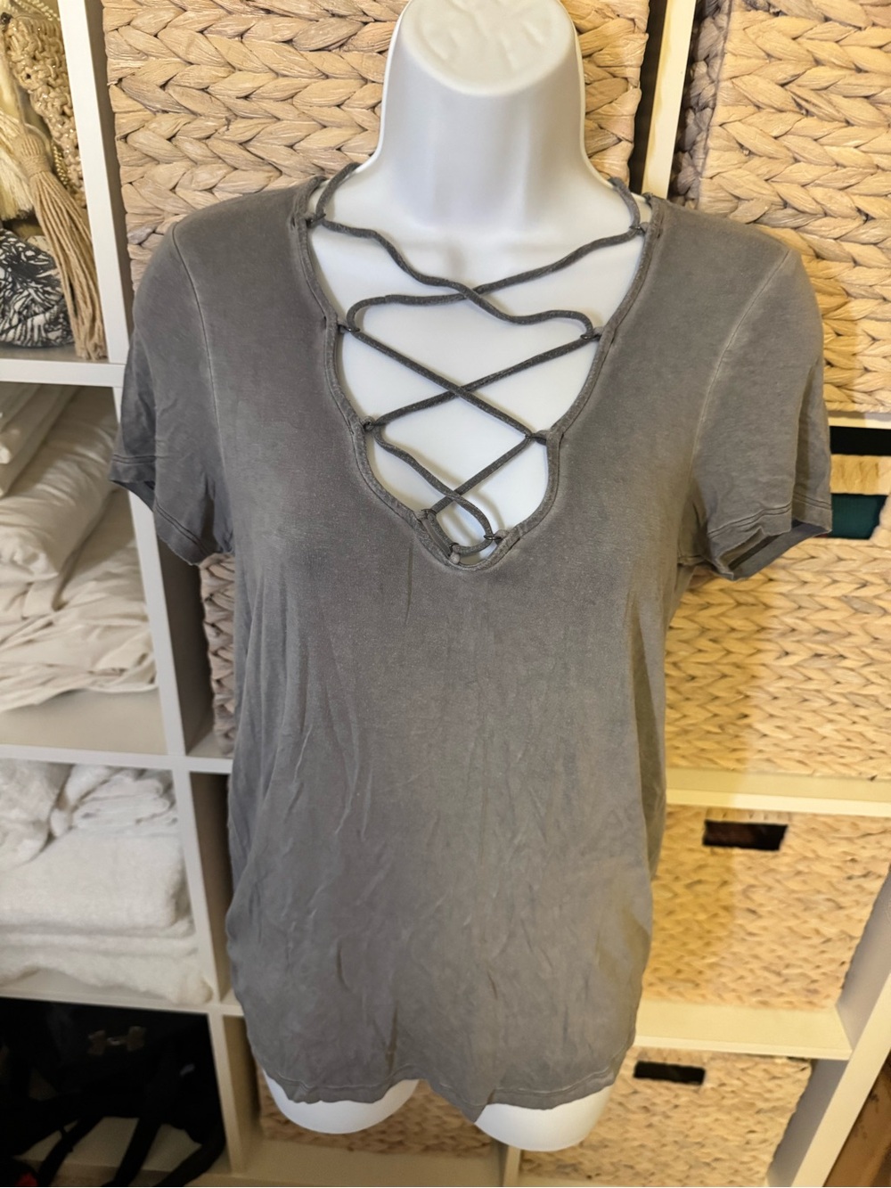 American Eagle Outfitters Lace-Up V-Neck Short Sleeve Top - Gray
